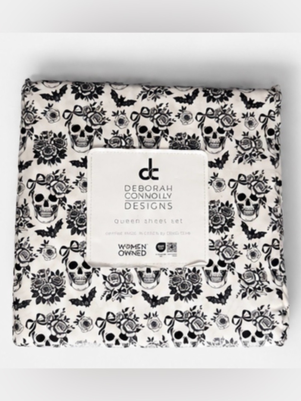 Deborah Connolly Designs Queen Sheet Set Skull Bat Floral Gothic Black  & White
